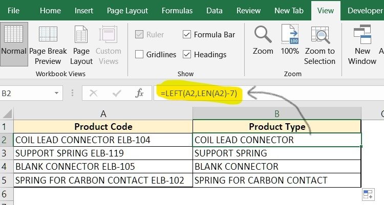 Combination of excel LEFT and LEN function