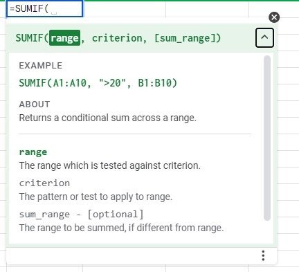 Syntax of Google Sheets SUMIF function