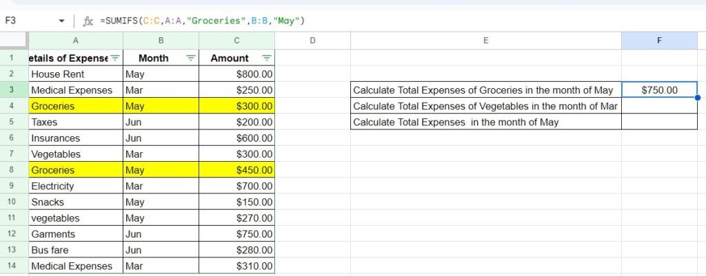 Google Sheets SUMIFS multiple criteria output