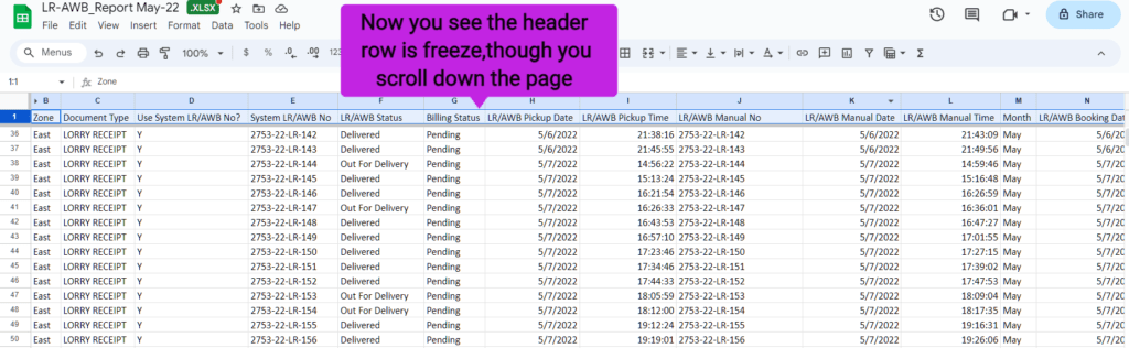 Frozen header rows using drag and drop method