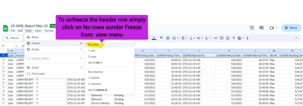 Unfreeze rows using view menu