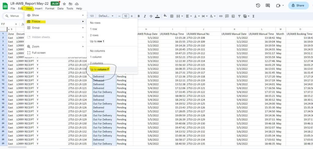 Freeze columns using view menu