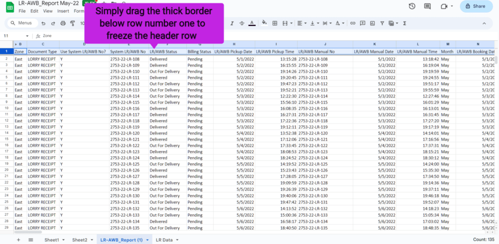 Freeze rows in google sheets using drag and drop method