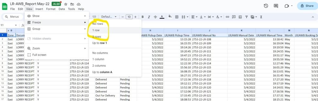 Freeze rows in google sheets using View Menu